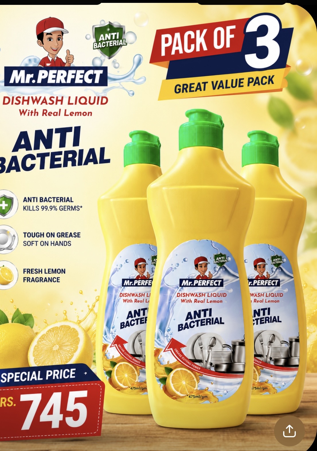 Lemon Dish Wash Liquid 475ml – Pack of 3 🍋